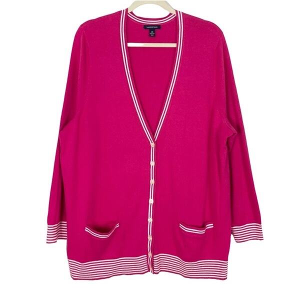 NWOT LANDS END Cardigan 2X-20W-22W Plus-Size Hot-Pink-White-Stripe Button Pocket - Picture 1 of 6